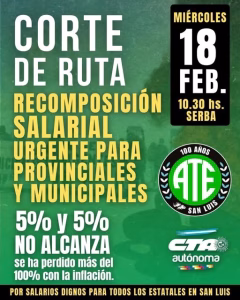 ATE convoca a un corte de ruta en San Luis exigiendo recomposición salarial para los estatales