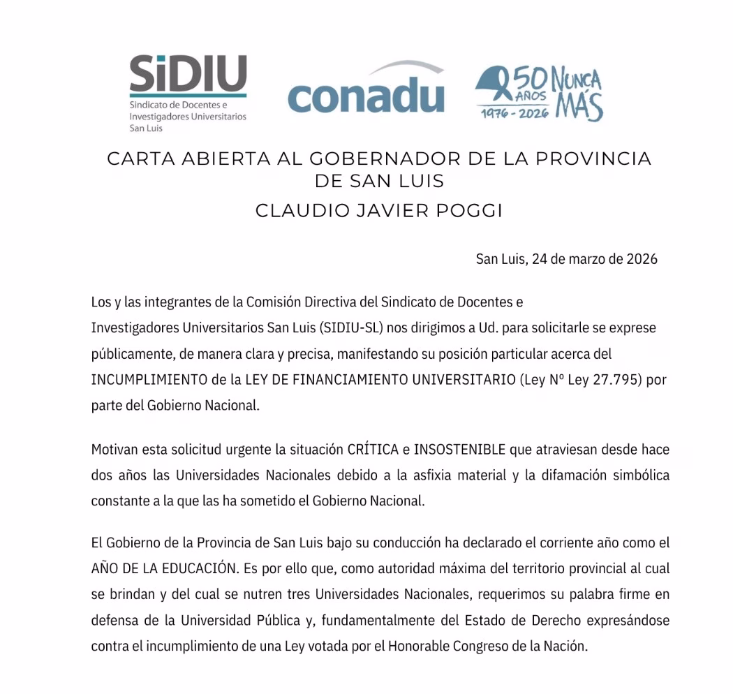 SIDIU envió una carta abierta al gobernador Claudio Poggi para solicitar que se pronuncie por el financiamiento universitario