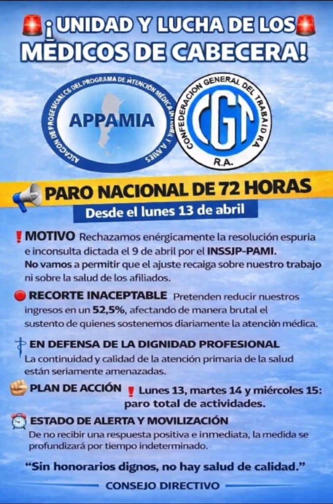 Médicos de PAMI realizan un paro de 72 horas por recorte en sus honorarios - imagen destacada