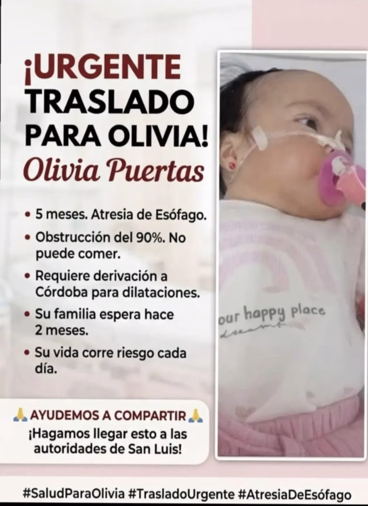 Piden un traslado urgente a Córdoba para una bebé con atresia de esófago - imagen destacada