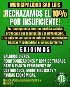 ATE rechazó el aumento salarial del 10 % otorgado por el Municipio de San Luis