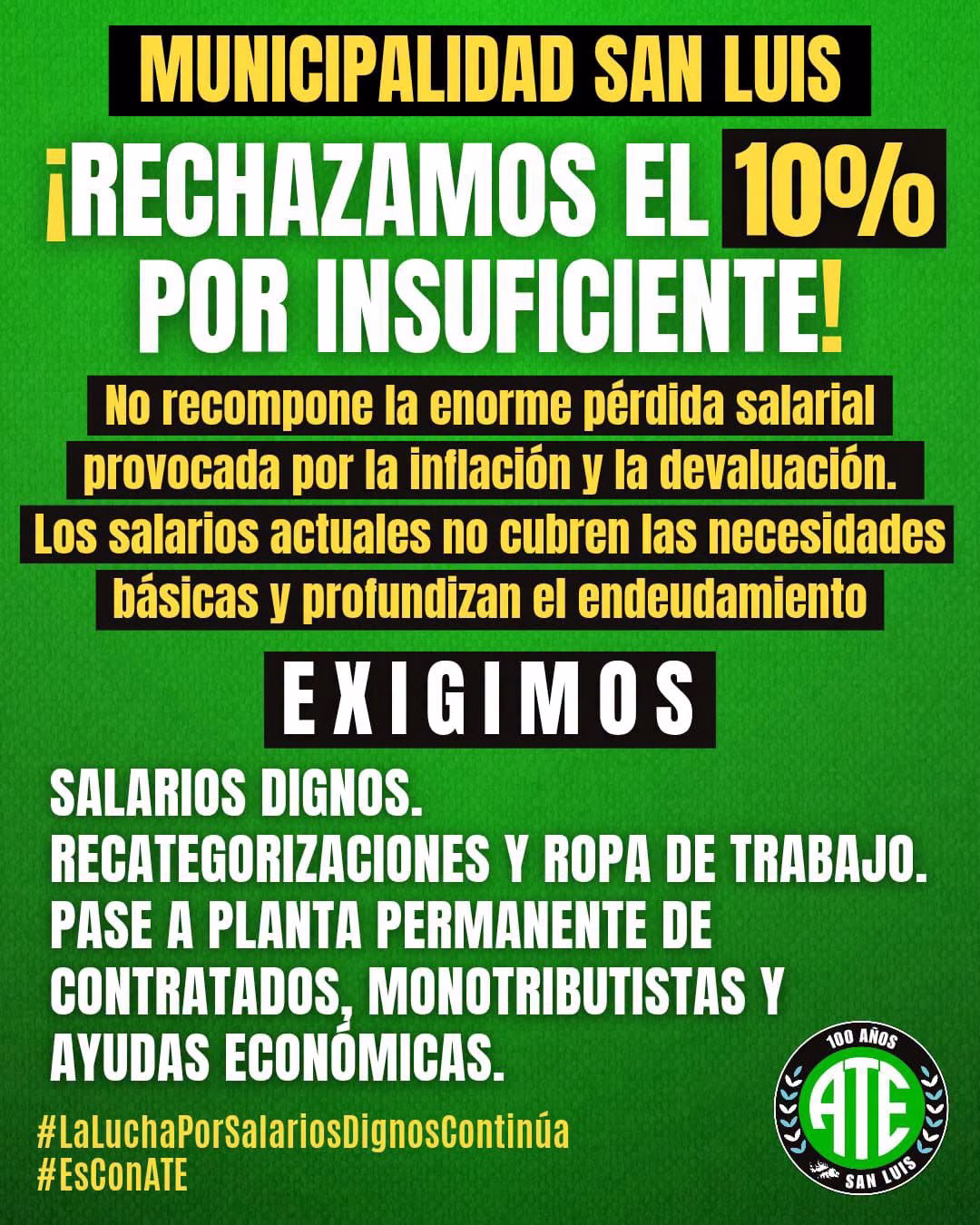ATE rechazó el aumento salarial del 10 % otorgado por el Municipio de San Luis